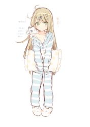 Rule 34 | 1girl, :o, absurdres, animal, animal on shoulder, animal slippers, bad id, bad pixiv id, blue pajamas, blue pants, blue shirt, blush, brown hair, cat, cat on shoulder, cat slippers, collarbone, flower, green eyes, highres, long hair, mafuyu (chibi21), off shoulder, original, pajamas, pants, parted lips, pigeon-toed, shirt, simple background, sketch, slippers, solo, standing, striped clothes, striped pajamas, striped pants, striped shirt, translation request, very long hair, white background