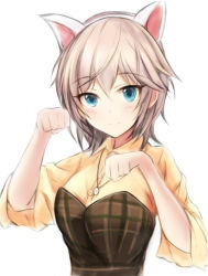 Rule 34 | 1girl, anastasia (idolmaster), animal ears, arms up, blue eyes, blush, breasts, cat ears, dress, grey hair, hair between eyes, idolmaster, idolmaster cinderella girls, jewelry, looking at viewer, medium breasts, nannacy7, necklace, paw pose, plaid, plaid dress, shirt, short hair, simple background, sleeves rolled up, smile, solo, strapless, strapless dress, upper body, white background, yellow shirt