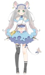 Rule 34 | 1girl, absurdres, animal ears, arms at sides, asymmetrical legwear, bare shoulders, big hair, black thighhighs, blue skirt, closed mouth, copyright request, detached sleeves, donguri suzume, drill hair, earclip, fortissimo, full body, gloves, green eyes, grey hair, hair ornament, heart, highres, long hair, long sleeves, looking at viewer, midriff, mouse ears, mouse tail, musical note, musical note hair ornament, nail polish, navel, no shoes, partially fingerless gloves, pink nails, single sock, single thighhigh, skirt, socks, solo, standing, tail, tail ornament, thighhighs, toeless legwear, toenail polish, toenails, uneven legwear, virtual youtuber