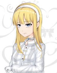 Rule 34 | 1girl, absurdres, blonde hair, blue eyes, earrings, headband, highres, hime cut, ignis (artist), jewelry, nagi (ignis), non-web source, patterned clothing, pouty lips, self-upload, shirt, simple background, white headband, white shirt
