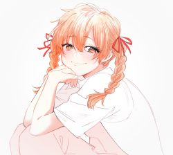 Rule 34 | 1girl, arm support, braid, child, closed mouth, elbow on knee, eyelashes, eyes visible through hair, fingernails, hair between eyes, hair ribbon, half-closed eyes, happy, head rest, highres, knees up, light blush, looking at viewer, nijiko (10437772), orange eyes, orange hair, pants, pink pants, red ribbon, ribbon, shirt, short sleeves, simple background, sitting, smile, solo, tareme, taylor bartlett, twin braids, violet evergarden, violet evergarden (series), white background, white shirt