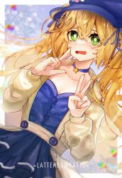 Rule 34 | 1girl, absurdres, artist name, blonde hair, blue dress, blue eyes, blurry, blurry foreground, breasts, choker, cleavage, cowboy shot, dokibird (vtuber), double v, dress, fang, green eyes, highres, indie virtual youtuber, lattemeowcatto, long hair, long sleeves, looking at viewer, open mouth, skin fang, solo, twintails, v, virtual youtuber, white dress