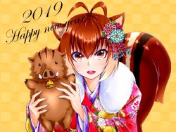 Rule 34 | 1girl, 2019, ahoge, animal ears, antenna hair, blazblue, blush, boar, brown eyes, brown hair, chinese zodiac, chukachuka, dated, flower, hair flower, hair ornament, happy new year, highres, japanese clothes, kimono, long sleeves, looking at viewer, makoto nanaya, multicolored hair, new year, open mouth, squirrel ears, squirrel tail, tail, tusks, two-tone hair, year of the pig