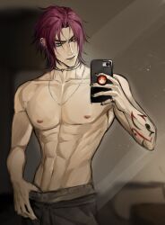 Rule 34 | 1boy, abs, black nails, black pants, collarbone, colored sclera, cowboy shot, earrings, fingernails, green eyes, heartsteel kayn, heterochromia, highres, holding, holding phone, jewelry, kayn (league of legends), league of legends, male focus, muscular, muscular male, nail polish, navel, necklace, nipples, official alternate hairstyle, pants, parted bangs, parted lips, phone, purple hair, red sclera, ring, short hair, solo, standing, stomach, sweatdrop, topless male, white eyes, zyrophin
