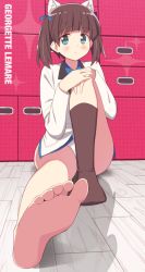 Rule 34 | 10s, 1girl, animal ears, barefoot, blue eyes, blue ribbon, blush, boots, brave witches, brown hair, cat ears, character name, feet, foot focus, foreshortening, georgette lemare, glastonbury1966, hair ribbon, panties, parted lips, ribbon, short hair, single boot, single sock, sitting, socks, soles, solo, strike witches, toes, twintails, underwear, white panties, world witches series