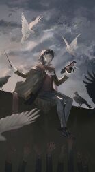 Rule 34 | 1boy, absurdres, bird, black cape, black footwear, black hair, bow, bowtie, brown jacket, cape, chinese commentary, cloud, cloudy sky, commentary request, day, dove, grey pants, grey sky, hat, highres, holding, holding pendulum, holding wand, jacket, klein moretti, lord of the mysteries, maikelaien, merlin hermes, neckerchief, outdoors, pants, people, red bow, red bowtie, red scarf, red vest, scarf, shirt, short hair, sky, smile, teeth, unworn hat, unworn headwear, vest, wand, white neckerchief, white shirt, wind