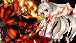 Rule 34 | 1girl, armpits, bow, crossover, fire, fujiwara no mokou, gradient background, hair bow, long hair, magician&#039;s red, open mouth, red eyes, sleeveless, solo, stand (jojo), suspenders, touhou, white hair, zibun owl