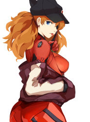 Rule 34 | 1girl, :p, absurdres, alternate hairstyle, animal hat, ass, baseball cap, black hat, blue eyes, bodysuit, breasts, cat hat, clearhand, evangelion: 3.0 you can (not) redo, eyepatch, female focus, from behind, hand in pocket, hat, highres, index finger raised, jacket, long hair, looking at viewer, looking back, medium breasts, neck, neon genesis evangelion, orange hair, plugsuit, purple jacket, rebuild of evangelion, red bodysuit, simple background, solo, souryuu asuka langley, standing, tongue, tongue out, white background