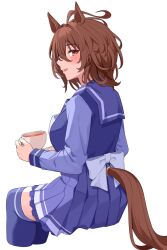 Rule 34 | 1girl, absurdres, agnes tachyon (umamusume), ahoge, animal ears, blush, bow, bowtie, breasts, brown hair, clothing cutout, cup, from behind, highres, holding, holding cup, horse ears, horse girl, horse tail, horseshoe ornament, invisible chair, large breasts, long hair, long sleeves, looking at viewer, looking back, messy hair, nagaburo imoni, pleated skirt, purple serafuku, purple shirt, purple thighhighs, red eyes, sailor collar, sailor shirt, school uniform, serafuku, shirt, short hair, sitting, skirt, solo, tail, tail through clothes, thighhighs, tracen school uniform, umamusume, white bow, white bowtie