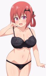 Rule 34 | 1girl, bad id, bad pixiv id, bare shoulders, bat hair ornament, black bra, black panties, blush, bra, breasts, cleavage, collarbone, cowboy shot, fang, gabriel dropout, grey background, hair between eyes, hair ornament, hair rings, hand up, highres, large breasts, legs together, lifting own clothes, looking at viewer, navel, nyaroon, open mouth, panties, pink eyes, red hair, satanichia kurumizawa mcdowell, shiny skin, simple background, solo, standing, strap lift, sweatdrop, thighs, underwear, underwear only, wide hips