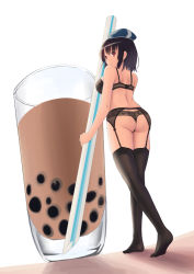 Rule 34 | 10s, 1girl, ass, back, beret, black bra, black hair, black panties, black thighhighs, blue hat, bra, breasts, bubble tea, closed mouth, cup, drink, drinking glass, drinking straw, from behind, from below, full body, garter belt, garter straps, hat, holding, kantai collection, mini person, minigirl, no shoes, oversized object, panties, red eyes, shade, short hair, simple background, skyrail, solo, standing, takao (cruiser), takao (kancolle), thighhighs, thong, underwear, underwear only, white background