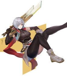 Rule 34 | 1girl, absurdres, breasts, commentary request, elbow gloves, eyes visible through hair, feet out of frame, gloves, grey hair, hair over one eye, highres, holding, holding sword, holding weapon, lan xiezi, league of legends, parted lips, riven (league of legends), shoes, short hair, solo, sword, teeth, weapon