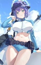 Rule 34 | 1girl, absurdres, animal ears, bag, belt, belt pouch, bikini, bikini bottom only, black hat, blue archive, blue bikini, blue eyes, breasts, bucket hat, closed mouth, cloud, cowboy shot, crop top, cropped jacket, duffel bag, fake animal ears, halo, hand up, hat, highres, jacket, large breasts, long sleeves, looking at viewer, navel, nihnfinite8, pouch, purple hair, raglan sleeves, saki (blue archive), saki (swimsuit) (blue archive), short hair, solo, stomach, swimsuit, thighs, wet, white jacket