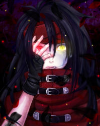 Rule 34 | 1990s (style), 1boy, black hair, fang, final fantasy, final fantasy vii, fingerless gloves, gloves, glowing, glowing eyes, highres, long hair, looking at viewer, male focus, solo, vincent valentine, yusoson