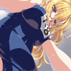 Rule 34 | 1girl, blonde hair, breasts, dd (ijigendd), dutch angle, green eyes, grey background, highres, i-8 (kancolle), kantai collection, large breasts, long hair, outstretched arms, red-framed eyewear, school swimsuit, selfie, semi-rimless eyewear, solo, swimsuit, under-rim eyewear