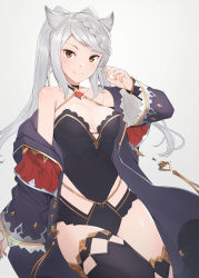 Rule 34 | 1girl, animal ears, black leotard, black thighhighs, blue robe, braid, braided bangs, breasts, brown eyes, closed mouth, commentary, erune, fraux, granblue fantasy, grey background, hooded robe, leotard, long hair, long sleeves, looking at viewer, medium breasts, off shoulder, open clothes, open robe, raitho, robe, silver hair, simple background, smile, solo, standing, swept bangs, thighhighs, twintails