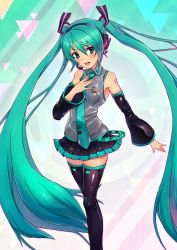 Rule 34 | &gt;:d, 1girl, :d, black skirt, black thighhighs, blush, chikuwa udon, collared shirt, detached sleeves, green eyes, green hair, green nails, green necktie, grey shirt, hair between eyes, hand on own chest, hatsune miku, head tilt, headset, highres, long hair, looking at viewer, nail polish, necktie, open mouth, outstretched arm, pleated skirt, shirt, skirt, sleeveless, sleeveless shirt, smile, solo, standing, thighhighs, twintails, v-shaped eyebrows, very long hair, vocaloid, wing collar, zettai ryouiki