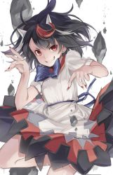 Rule 34 | &gt;:), 1girl, black hair, blue bow, blue sash, bow, commentary request, cone horns, cowboy shot, dress, fingernails, grin, hand up, highres, horns, kijin seija, leg up, looking at viewer, multicolored hair, nail polish, oborofu, puffy short sleeves, puffy sleeves, red eyes, red hair, red nails, red sailor collar, sailor collar, sash, sharp fingernails, short hair, short sleeves, simple background, smile, solo, streaked hair, touhou, v-shaped eyebrows, white background, white dress, white hair