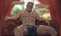 Rule 34 | 1boy, abs, absurdres, alcohol, basedbinkie, boxers, bulge, highres, male focus, male underwear, mature male, muscular, muscular male, non-web source, original, outstretched arms, scar, spread arms, spread legs, underwear, white hair, yellow eyes