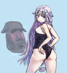 Rule 34 | 1girl, absurdres, artist request, ass, blush, clothes lift, clothing aside, gem, grey hair, highres, hololive, hololive english, koseki bijou, long hair, looking at viewer, looking back, purple eyes, rock, seductive gaze, seductive smile, simple background, smile, swimsuit, swimsuit aside, swimsuit lift, thighs, virtual youtuber