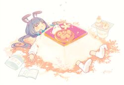 Rule 34 | 1girl, :o, absurdres, amakawa tamawo, animal-themed food, animal ear fluff, animal ears, blush, book, bowl, chips (food), closed eyes, cooking, food, food art, fruit, grey hair, grill, grilling, highres, holly, in food, kotatsu, long hair, loose socks, lying, mandarin orange, mochi, no shoes, on back, open book, original, outstretched arm, rabbit ears, snack, snowflakes, socks, soles, solo, sweater, table, under table, very long hair, white sweater, yakimochi