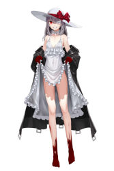Rule 34 | 1girl, barefoot, blood, blood on feet, bow, choker, clothes lift, dress, dress lift, eden&#039;s ritter grenze, eyepatch, flat chest, frilled choker, frilled dress, frills, full body, gloves, grey background, grey hair, grin, hat, hat bow, highres, jacket, kageshio (276006), long hair, looking at viewer, nail polish, off shoulder, one eye covered, red bow, red eyes, red gloves, red nails, reverse grip, simple background, smile, solo, standing, teeth, white bow, white choker, white dress, white hat