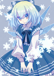 Rule 34 | 1girl, absurdres, alternate costume, blue background, blue bow, blue eyes, blue hair, blue skirt, blue vest, bow, cirno, collared shirt, cowboy shot, detached wings, frilled skirt, frills, head tilt, highres, long sleeves, looking at viewer, medium hair, open mouth, puffy long sleeves, puffy sleeves, shirt, shocho (shaojiujiu), simple background, skirt, snowflake background, solo, touhou, vest, white shirt, wings