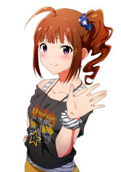 Rule 34 | 10s, 1girl, absurdres, ahoge, ayano yuu (sonma 1426), black shirt, blush, brown hair, collarbone, hair ornament, hair scrunchie, hand on own hip, highres, idolmaster, idolmaster million live!, jewelry, long hair, looking at viewer, necklace, purple eyes, scrunchie, shirt, side ponytail, simple background, smile, solo, star (symbol), star necklace, striped clothes, striped shirt, upper body, white background, wrist cuffs, yokoyama nao