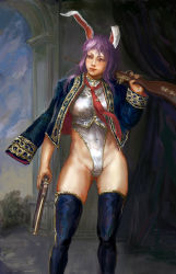 Rule 34 | 1girl, adapted costume, amibazh, animal ears, blue jacket, blue thighhighs, faux traditional media, fine art parody, gun, handgun, holding, holding weapon, jacket, leotard, light purple hair, long hair, looking to the side, navel, necktie, parody, pistol, purple hair, rabbit ears, red eyes, red neckwear, reisen udongein inaba, rifle, thighhighs, thighs, touhou, very long hair, weapon, white leotard
