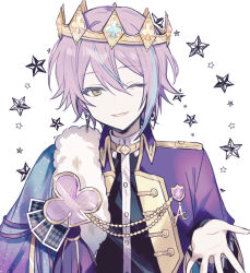 Rule 34 | 1boy, aqua hair, aristocratic clothes, badge, black shirt, buttons, club (shape), coat, collar chain (jewelry), collared coat, collared shirt, crown, diamond (shape), double-parted bangs, earrings, gradient clothes, hair between eyes, jewelry, kamishiro rui, lapels, long sleeves, looking at viewer, male focus, mismatched earrings, multicolored hair, one eye closed, open clothes, open coat, open mouth, project sekai, purple coat, purple hair, sayo sy3, shirt, short hair, shoulder boards, simple background, smile, solo, star (symbol), streaked hair, two-tone hair, upper body, white background, yellow eyes, yellow trim