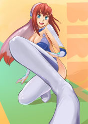 Rule 34 | 1girl, birdy cephon altera, blue eyes, blue leotard, boots, breasts, cleavage, commentary request, gloves, large breasts, leotard, long hair, looking at viewer, multicolored hair, open mouth, red hair, smile, solo, tetsuwan birdy decode, thigh boots, thighhighs, two-tone hair