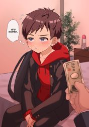 Rule 34 | 2boys, absurdres, age difference, anal beads, bag, bed, blue eyes, blush, brown hair, child, commentary, desk, english text, faceless, faceless male, hard-translated, highres, holding, holding money, hotel room, implied prostitution, komorebi (artist), long hair, long sleeves, lube, male focus, money, multiple boys, nervous, on bed, onii-shota, original, out of frame, plant, potted plant, school bag, school uniform, sex toy, short hair, sitting, teeth, third-party edit, thought bubble, translated, yen
