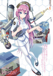 Rule 34 | ar4 vestal, belt, black footwear, blue eyes, boat, clipboard, drill, fire, full body, hair ornament, hand saw, highres, long hair, looking at viewer, mecha musume, mechanical arms, personification, pink hair, sakura ouka, saw, self-upload, shachiku chan, shirt, shoes, single mechanical arm, skirt, smile, smoke, standing, striped clothes, striped shirt, united states navy, watercraft, white legwear, white skirt, x hair ornament, yamikota