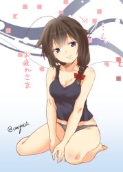 Rule 34 | 10s, 1girl, ahoge, alternate costume, bare arms, bare shoulders, barefoot, black hair, black panties, blue eyes, braid, breasts, chemise, cleavage, collarbone, gradient background, hair flaps, hair over shoulder, head tilt, kantai collection, looking at viewer, medium breasts, no pants, panties, shigure (kancolle), shigure kai ni (kancolle), single braid, sitting, smile, solo, tank top, translation request, twitter username, underwear, underwear only, v arms, wariza, yua (checkmate)