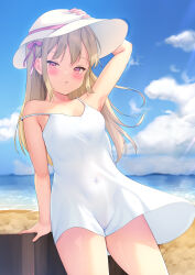 Rule 34 | 1girl, arm support, arm up, bare arms, bare shoulders, beach, blonde hair, blue sky, blush, breasts, check commentary, cloud, collarbone, commentary, commentary request, covered navel, day, dress, goldowl, groin, hand on headwear, highres, looking at viewer, ocean, original, outdoors, parted lips, red eyes, sand, see-through, sky, sleeveless, sleeveless dress, small breasts, solo, strap slip, water, white dress, white headwear