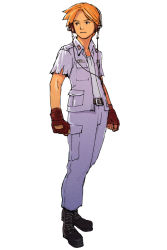 Rule 34 | 1boy, advance wars, advance wars: dual strike, belt, black eyes, blonde hair, clenched hands, fingerless gloves, gloves, headphones, highres, hirata ryou, jake (advance wars), male focus, military, military uniform, nintendo, official art, open clothes, open shirt, shirt, short hair, simple background, smile, solo, standing, torn clothes, uniform