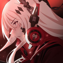 Rule 34 | 1girl, grey eyes, hair between eyes, hair ornament, hairclip, headgear, headphones, highres, long hair, lucia: crimson abyss (punishing: gray raven), lzypoipoi, open mouth, portrait, profile, punishing: gray raven, red scarf, scarf, sidelocks, white hair