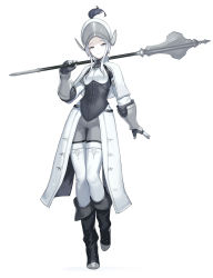 Rule 34 | 1girl, bad id, bad twitter id, black footwear, boots, capelet, closed mouth, corset, full body, gauntlets, grey eyes, grey hair, half-closed eyes, highres, holding, holding polearm, holding weapon, km yama, knight, looking at viewer, mace, original, over shoulder, plume, polearm, short hair with long locks, sidelocks, simple background, smile, solo, standing, standing on one leg, thigh gap, thighhighs, waist cape, weapon, weapon over shoulder, white background, white capelet, white thighhighs