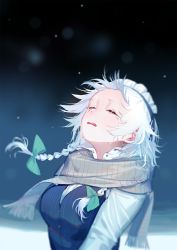 Rule 34 | 1girl, bad id, bad pixiv id, bow, braid, buttons, closed eyes, crying, green bow, highres, hoshimawa, izayoi sakuya, long sleeves, looking up, maid headdress, outdoors, scarf, silver hair, solo, striped, tears, touhou, twin braids, uniform, upper body