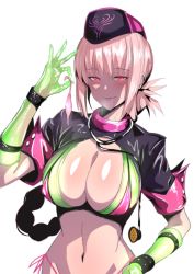 Rule 34 | 1girl, absurdres, alternate costume, bad id, bad twitter id, bikini, blush, braid, breasts, cleavage, commentary request, condom, elbow gloves, fate/grand order, fate (series), florence nightingale (fate), florence nightingale (trick or treatment) (fate), gloves, green gloves, halloween costume, hat, highres, large breasts, lips, long hair, looking at viewer, multicolored bikini, multicolored clothes, navel, nurse cap, official alternate costume, parted lips, pink hair, red eyes, revealing clothes, saliva, saliva trail, shiny clothes, shiny skin, short sleeves, shrug (clothing), side-tie bikini bottom, simple background, smile, standing, stethoscope, swimsuit, ulrich (tagaragakuin), upper body, used condom, white background