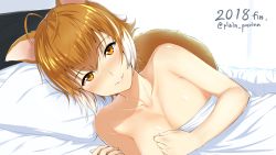 Rule 34 | 1girl, 2018, absurdres, animal ears, antenna hair, bed sheet, blazblue, blush, breasts, brown hair, cleavage, highres, large breasts, looking at viewer, lying, makoto nanaya, multicolored hair, naked sheet, on bed, on side, orange eyes, parted lips, pillow, pov across bed, purinnssu, short hair, solo, squirrel ears, squirrel girl, squirrel tail, tail, two-tone hair, under covers, upper body