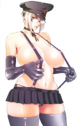 Rule 34 | 10s, 1girl, breasts, choker, elbow gloves, eyelashes, female focus, g-string, glasses, gloves, grey hair, hat, highres, hip focus, hiramoto akira, huge breasts, large breasts, lips, looking at viewer, microskirt, miniskirt, naked suspenders, navel, no bra, official art, panties, partially visible vulva, prison school, ribbon choker, scan, shiny skin, shiraki meiko, short hair, skirt, solo, suspenders, thighhighs, thighs, thong, underwear, white background, wide hips