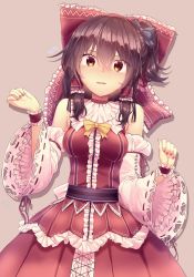 Rule 34 | 1girl, adapted costume, alternate hairstyle, black bow, bow, breasts, brown eyes, brown hair, detached sleeves, dress, frilled bow, frills, grey background, hair between eyes, hair bow, hair tubes, hakurei reimu, highres, kisamu (ksmz), long hair, looking at viewer, medium breasts, nail polish, open mouth, red bow, red dress, red nails, side ponytail, sidelocks, simple background, sleeveless, sleeveless dress, solo, standing, sweatdrop, touhou, wristband