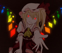 Rule 34 | 1girl, ascot, blonde hair, crystal, female focus, flandre scarlet, frills, glowing, glowing eyes, hara3233reta 424, hasebe akira, hat, hat ribbon, outstretched arms, outstretched hand, puffy sleeves, red eyes, ribbon, short sleeves, side ponytail, slit pupils, solo, touhou, wings