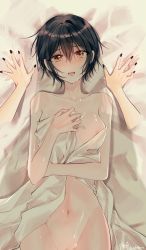 Rule 34 | 2girls, aoyagi tsubaki, areola slip, artist logo, bad id, bad pixiv id, bed sheet, black hair, black nails, blush, breasts, collarbone, commentary, covering privates, d4dj, disembodied limb, female pov, from above, giraffe three, groin, hair between eyes, hand on own chest, highres, looking at viewer, lying, medium breasts, miyake aoi, multiple girls, nail polish, navel, nude, nude cover, on back, on bed, open mouth, out-of-frame censoring, pov, pussy, pussy peek, shiny skin, short hair, solo focus, sweat, twitter username, yellow eyes, yuri