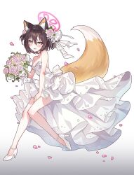 Rule 34 | 1girl, :d, alternate costume, animal ears, bare legs, bare shoulders, between legs, blue archive, blush, bouquet, bow, breasts, brown hair, dress, eyeshadow, fangs, flower, fox ears, fox girl, fox tail, from side, full body, hair between eyes, hair flower, hair ornament, halo, hand between legs, hand up, happy, high heels, highres, holding, holding bouquet, izuna (blue archive), layered dress, leaning forward, leg up, makeup, medium hair, open mouth, petals, picter, pink eyeshadow, pink flower, pink rose, rose, slit pupils, small breasts, smile, solo, standing, standing on one leg, strapless, strapless dress, tail, wedding dress, white bow, white dress, yellow eyes