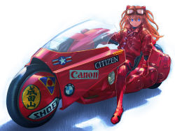 Rule 34 | 1980s (style), 1girl, akira (manga), bad anatomy, blue eyes, bmw, bodysuit, boyaking, canon (company), citizen (brand), citizen (company), crossover, goggles, goggles on head, hair ornament, hairpods, jacket, long hair, looking at viewer, md5 mismatch, motor vehicle, motorcycle, neon genesis evangelion, oldschool, on motorcycle, orange hair, plugsuit, red bodysuit, red jacket, retro artstyle, shadow, shoei, simple background, sitting, solo, souryuu asuka langley, transparent, two side up, vehicle, white background