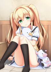 Rule 34 | arm at side, black socks, blonde hair, blush, closed mouth, commentary, convenient leg, eyelashes, feet out of frame, green eyes, hair between eyes, hair intakes, hair ornament, head tilt, highres, holding, holding stuffed toy, indoors, kneehighs, knees together feet apart, knees up, long hair, miniskirt, no shoes, panties, panty peek, puffy short sleeves, puffy sleeves, sailor collar, school uniform, shirt, short sleeves, sidelocks, sitting, skirt, smile, socks, soranishi hiro, stuffed animal, stuffed cow, stuffed duck, stuffed toy, summer pockets, sweater vest, thighs, tsumugi wenders, twintails, underwear, white panties, white sailor collar, white shirt, white skirt, x hair ornament, yellow sweater vest