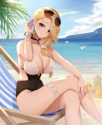 Rule 34 | 1girl, azur lane, bare shoulders, beach, bird, black one-piece swimsuit, blonde hair, blue eyes, blue sky, blush, breasts, chick, cleavage, closed mouth, collarbone, covered navel, day, earrings, eyewear on head, hair over shoulder, highres, hood (azur lane), hood (lady of the shining sun) (azur lane), jewelry, large breasts, crossed legs, long hair, looking at viewer, low ponytail, manjuu (azur lane), multicolored clothes, multicolored swimsuit, ocean, one-piece swimsuit, outdoors, photoshop (medium), sitting, sky, smile, sunglasses, swimsuit, thighs, wei xiao, white one-piece swimsuit