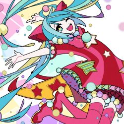 Rule 34 | 1girl, :d, ahoge, animal ear fluff, animal ears, arms up, blue hair, boots, bow, bowtie, cat ears, commentary, dress, fake animal ears, floating hair, frilled dress, frills, hair ornament, hatsune miku, light blue hair, long hair, looking at viewer, machigami yoh, one eye closed, open mouth, pink bow, pink bowtie, pink footwear, pink thighhighs, pom pom (clothes), project sekai, red dress, short dress, short sleeves, smile, solo, star (symbol), striped clothes, striped dress, thigh boots, thighhighs, twintails, vertical-striped clothes, vertical-striped dress, very long hair, vocaloid, wonderlands x showtime miku, zettai ryouiki